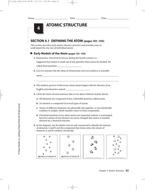 chemistry chapter 4 atomic structure worksheet answer key